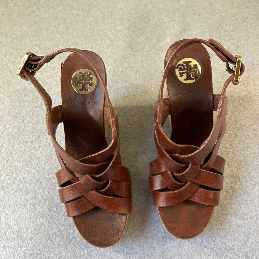 Tory Burch Ace Wedge Heels Brown Sienna Leather Strappy Cork Sandals Size‎ 7 M